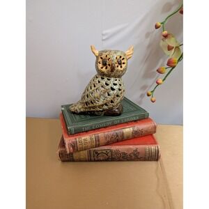 Vintage Ceramic Owl Lantern Teal Green Brown Rustic Hollow Figurine Decor